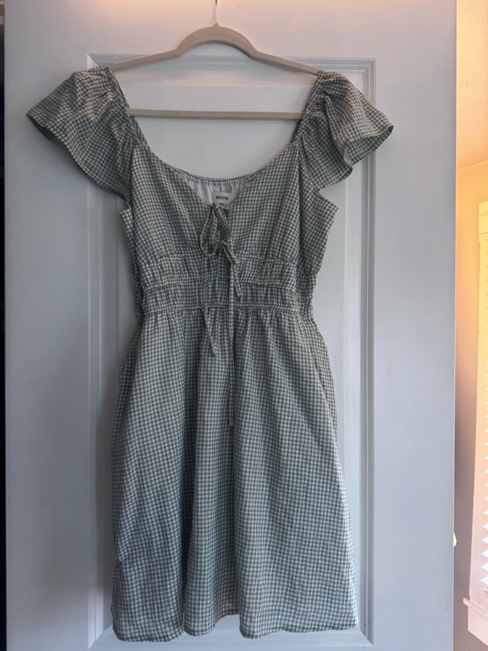 Hollister Light Sage Green Gingham Tie-Front Top